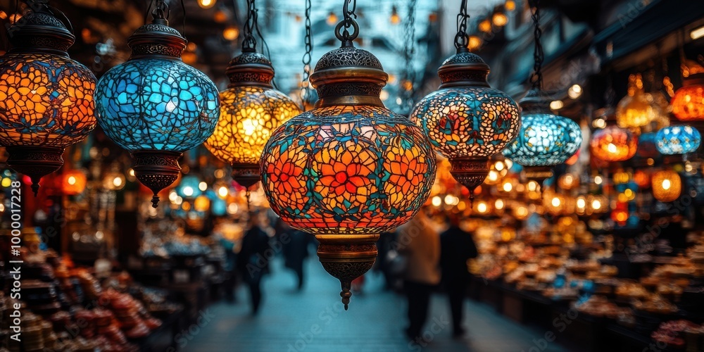 Fototapeta premium A tapestry of colorful glass lanterns hangs in a vibrant marketplace, their intricate patterns casting warm, inviting light on the bustling crowd below