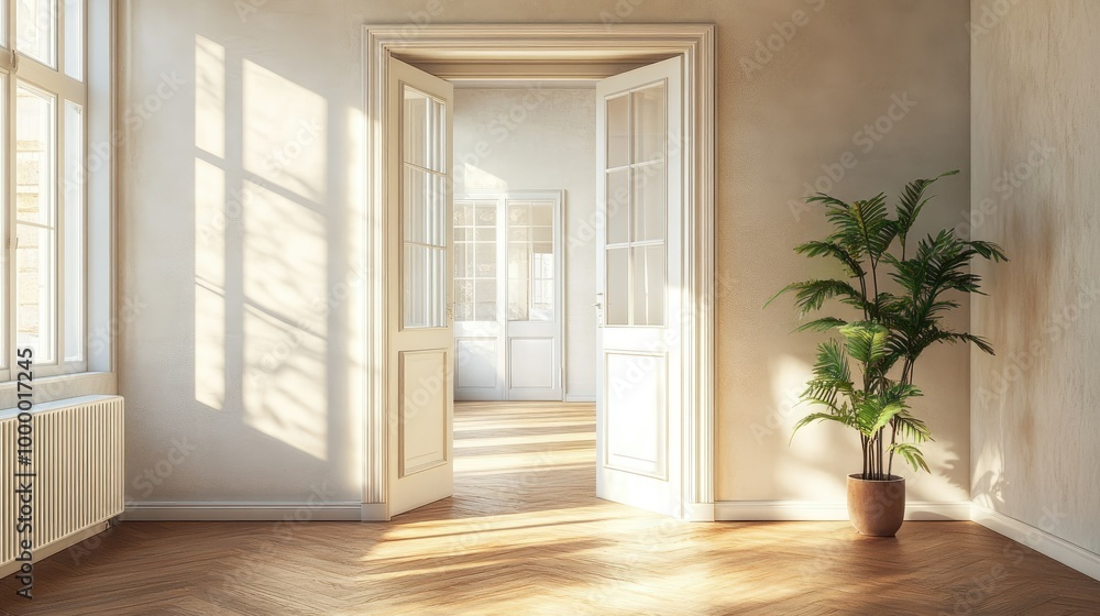 Fototapeta premium An open doorway leading to a sunlit room, with plenty of space around the doorframe for adding copy. -