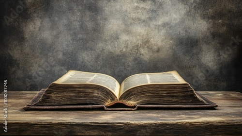 An open book on a wooden table, with a neutral background around it for adding text.