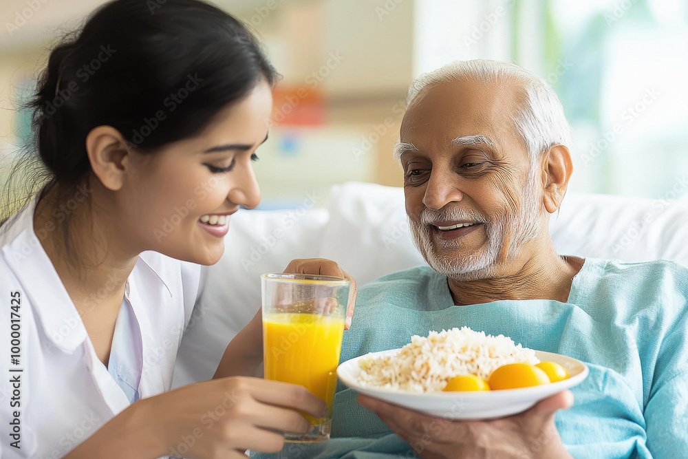A caring indian nurse gives a patient orange juice and rice with yellow eggs in a hospital room. A caring indian nurse gives a patient orange juice and rice with yellow eggs in a hospital room.