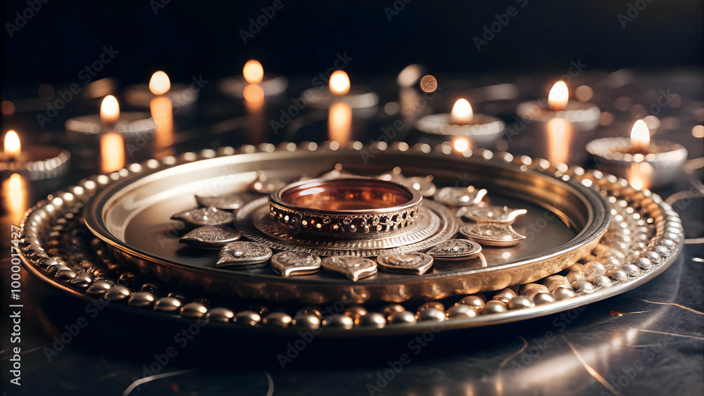 Futuristic Macro Shot of Intricately Designed Bhai Dooj Tika Plate: A Modern Fusion of Tradition with Glowing Elements and Textures Futuristic Macro Shot of Intricately Designed Bhai Dooj Tika Plate: A Modern Fusion of Tradition with Glowing Elements and Textures