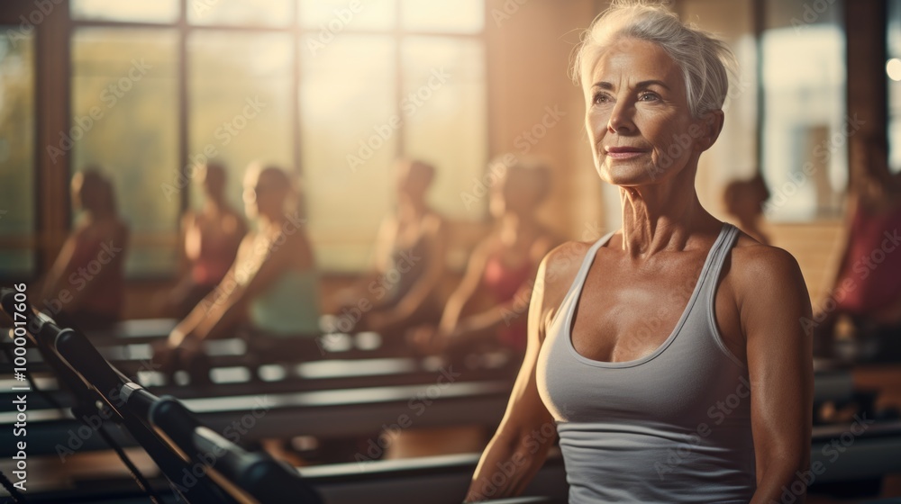 Confident Senior Woman Exercising in Gym with Treadmills Confident Senior Woman Exercising in Gym with Treadmills