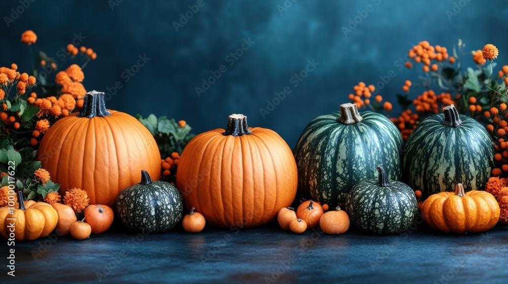A festive autumnal display with a variety of pumpkins and gourds, showcasing vibrant orange and green hues against a deep teal background. A festive autumnal display with a variety of pumpkins and gourds, showcasing vibrant orange and green hues against a deep teal background.