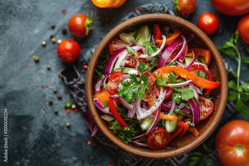 Fresh Garden Vegetable Salad in Rustic Bowl on Textured Background