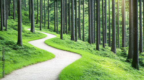 A winding path leads through a lush green forest, sunlight dappling the ground.
