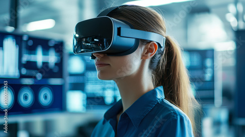 Woman wearing VR headset in futuristic setting.