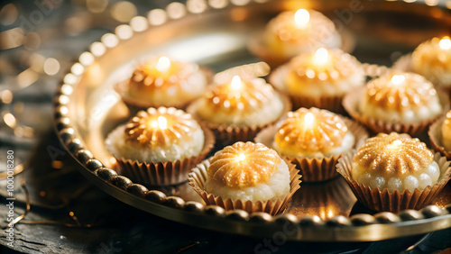 Macro Shot of Bhai Dooj Sweets: Traditional Delicacies with Futuristic Glow - Close-Up Photography Highlighting Texture and Color in a Captivating Blend of Tradition and Modern Aesthetics