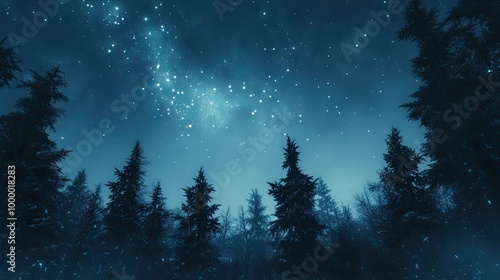 The Northern Lights shimmering above a forest, with a starry sky providing space for copy.