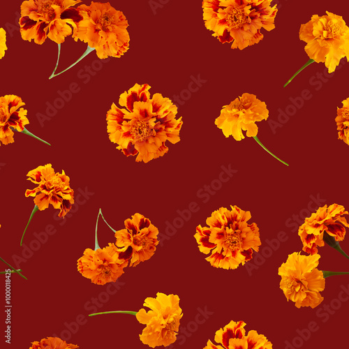 Orange marigold flowers on dark brown background - seamless pattern from photo flowers