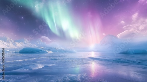 The Southern Lights illuminating an icy landscape, with a clear horizon for text.