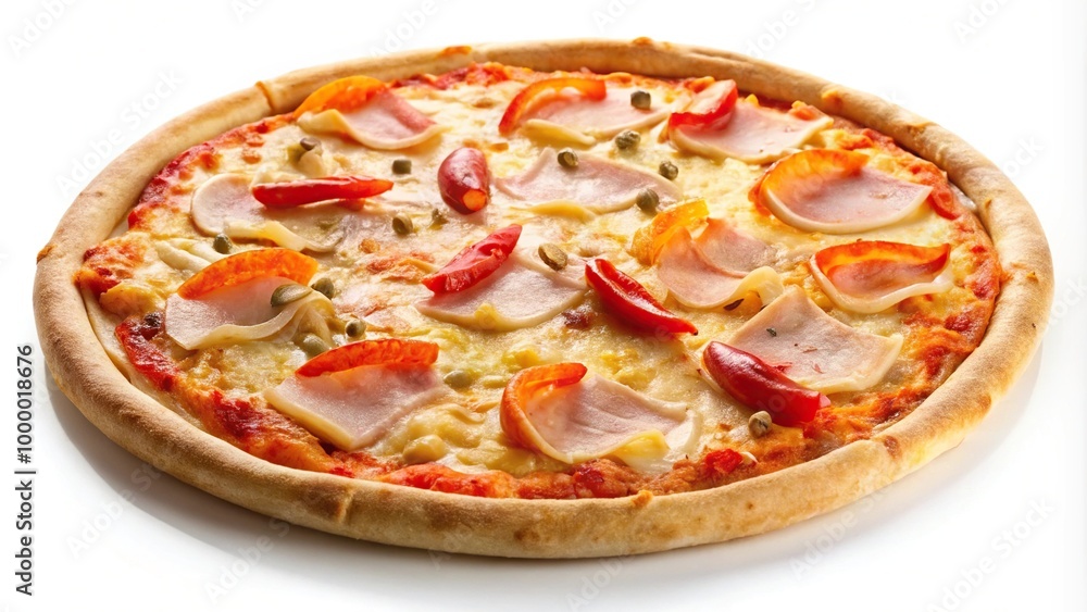 Isolated eye level shot of delicious pizza with ham, fish, cheese, paprika, and cucumber Isolated eye level shot of delicious pizza with ham, fish, cheese, paprika, and cucumber