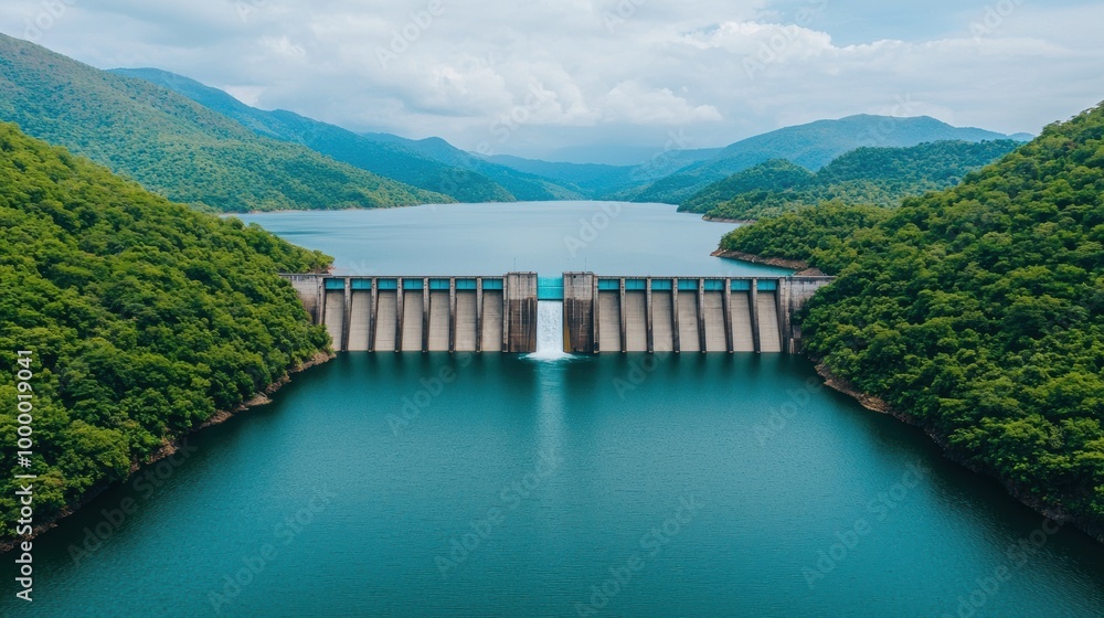 stunning aerial view of dam surrounded by lush green mountains and serene lake. tranquil waters reflect vibrant landscape, creating peaceful atmosphere. stunning aerial view of dam surrounded by lush green mountains and serene lake. tranquil waters reflect vibrant landscape, creating peaceful atmosphere.