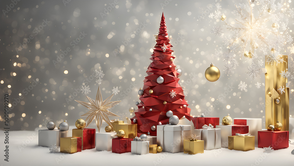 3D rendering of a modern Christmas scene with a sleek, minimalist design.
3D rendering of a modern Christmas scene with a sleek, minimalist design.