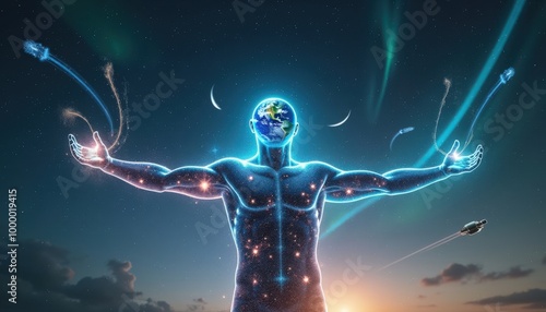 Un homme au corps marqué par des nébuleuses vibrantes projette une énergie mystique de ses yeux et de ses mains, tandis que l’univers infini déploie ses étoiles en toile de fond.