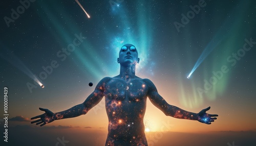 Des nébuleuses cosmiques se dessinent sur sa peau, illuminées par l’énergie qui jaillit de ses yeux et de ses mains, projetant des éclats de lumière dans l’espace vaste qui l'entoure.