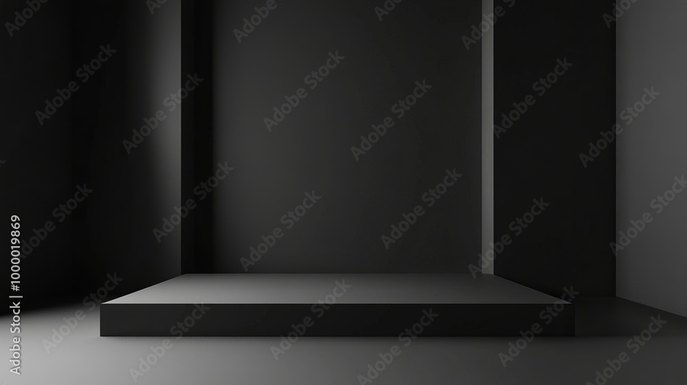 A blank, gradient black studio floor template with an abstract light-dark background, ideal for product displays or presentations A blank, gradient black studio floor template with an abstract light-dark background, ideal for product displays or presentations