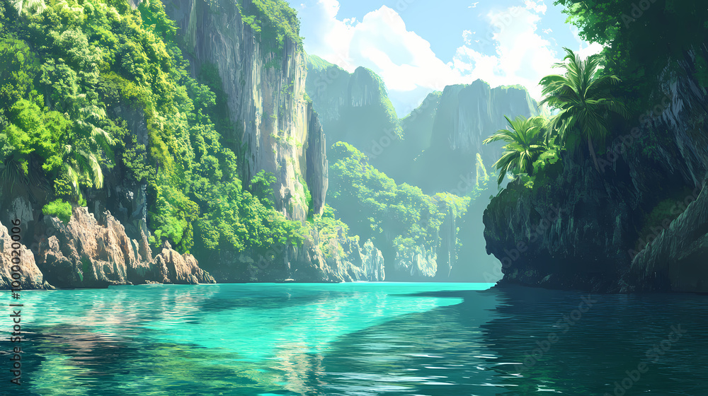 Lush greenery and towering cliffs frame the crystal-clear turquoise waters of a serene tropical lagoon. Tropical Lagoon. Illustration Lush greenery and towering cliffs frame the crystal-clear turquoise waters of a serene tropical lagoon. Tropical Lagoon. Illustration