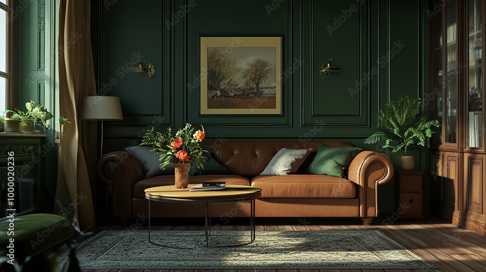 A dark green living room interior featuring a brown sofa, table, and decor, rendered in 3D A dark green living room interior featuring a brown sofa, table, and decor, rendered in 3D