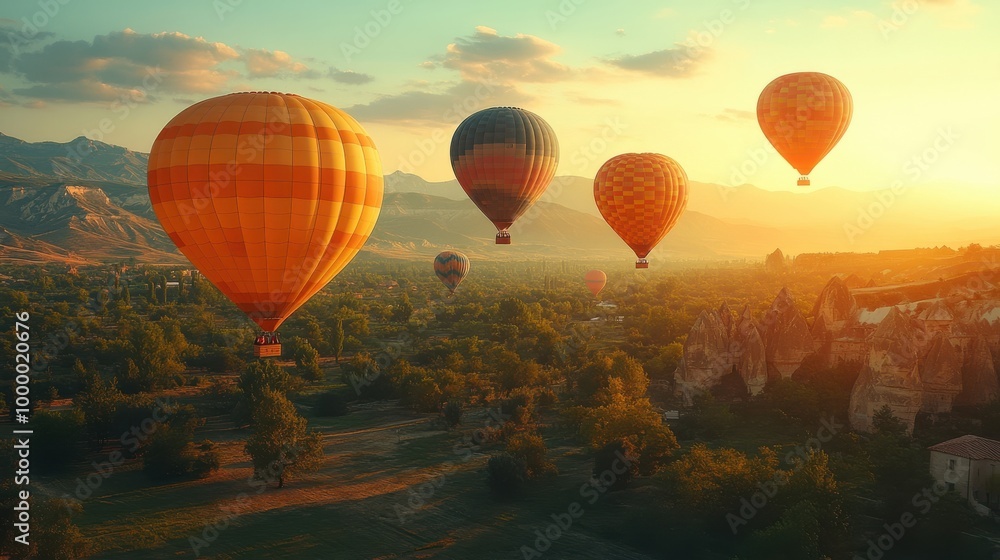 Fototapeta premium Hot Air Balloons Soar Over a Scenic Landscape at Sunset