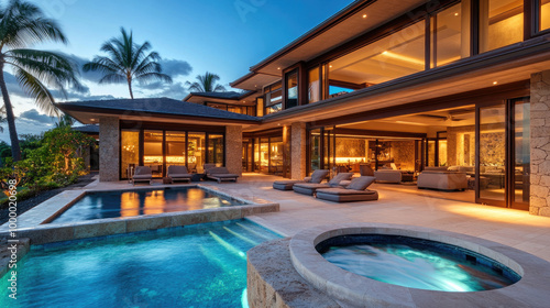 the backyard with an outdoor pool and hot tub at night in Hawaii, a luxury mansion with large windows, beige stone walls, modern furniture, a stone patio