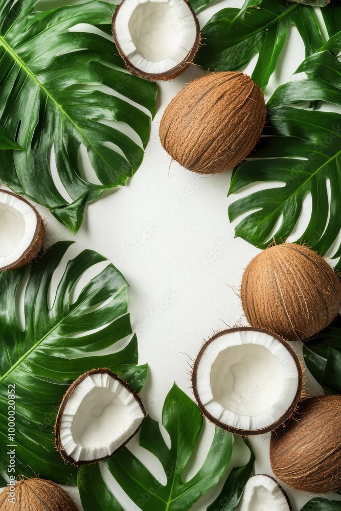Coconut fruit leaf border background template with copy space Coconut fruit leaf border background template with copy space