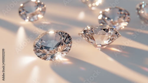 A collection of sparkling diamonds reflecting light on a smooth surface.