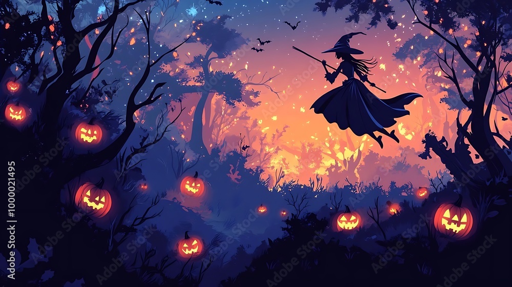 Halloween Witch Flying Through Enchanted Forest with Jack o Lanterns Halloween Witch Flying Through Enchanted Forest with Jack o Lanterns