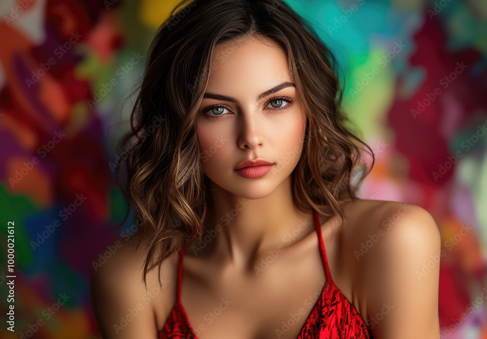 Portrait of a beautiful woman with wavy brunette hair wearing a red dress, posing against a colorful background Portrait of a beautiful woman with wavy brunette hair wearing a red dress, posing against a colorful background