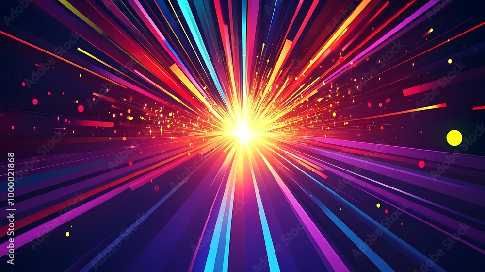 Abstract colorful light streaks radiating from a bright center, creating a sense of speed and energy. Abstract colorful light streaks radiating from a bright center, creating a sense of speed and energy.
