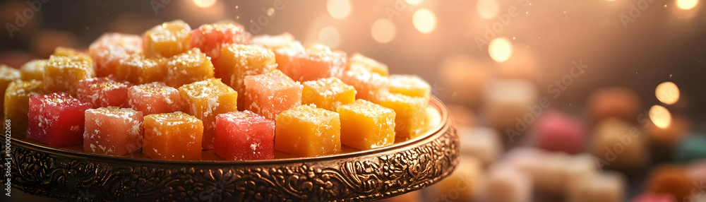 Glossy Bhai Dooj Festive Sweets Background - Close-Up Decorative Plate with Shiny Reflections and Textures Glossy Bhai Dooj Festive Sweets Background - Close-Up Decorative Plate with Shiny Reflections and Textures