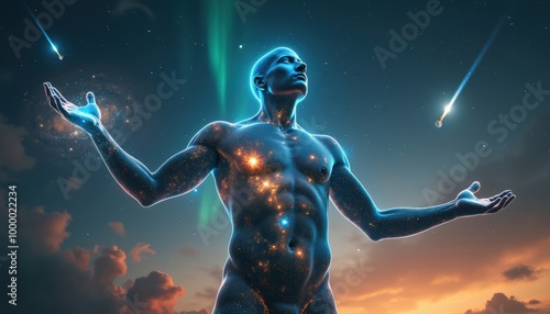 Sur sa peau, des nébuleuses galactiques prennent vie, tandis qu'une énergie intense émane de ses yeux enflammés et de ses mains ouvertes. L'univers en arrière-plan semble vibrer avec lui.