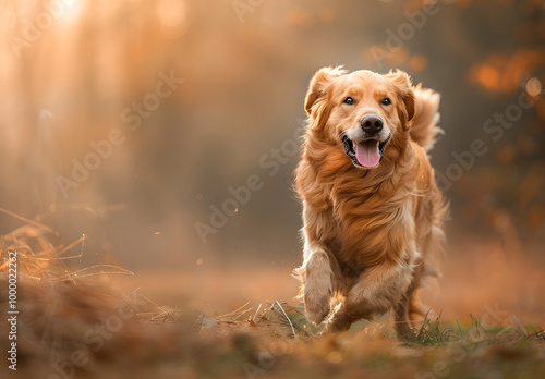 A pet dog running on the grass