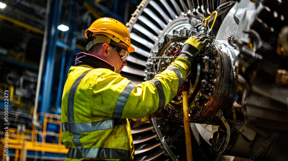 Worker inspecting aircraft engine machinery. Worker inspecting aircraft engine machinery.