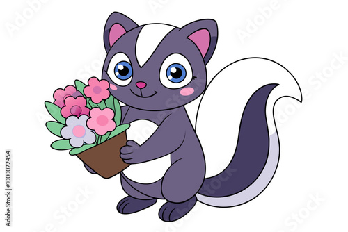 Skunk Holding Bouquet of Flowers and Blushing Clipart Vector Illustration