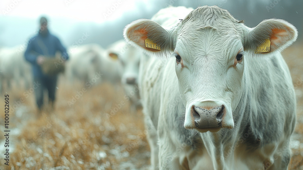 Close-up of a white cow staring at the camera in a field. Close-up of a white cow staring at the camera in a field.