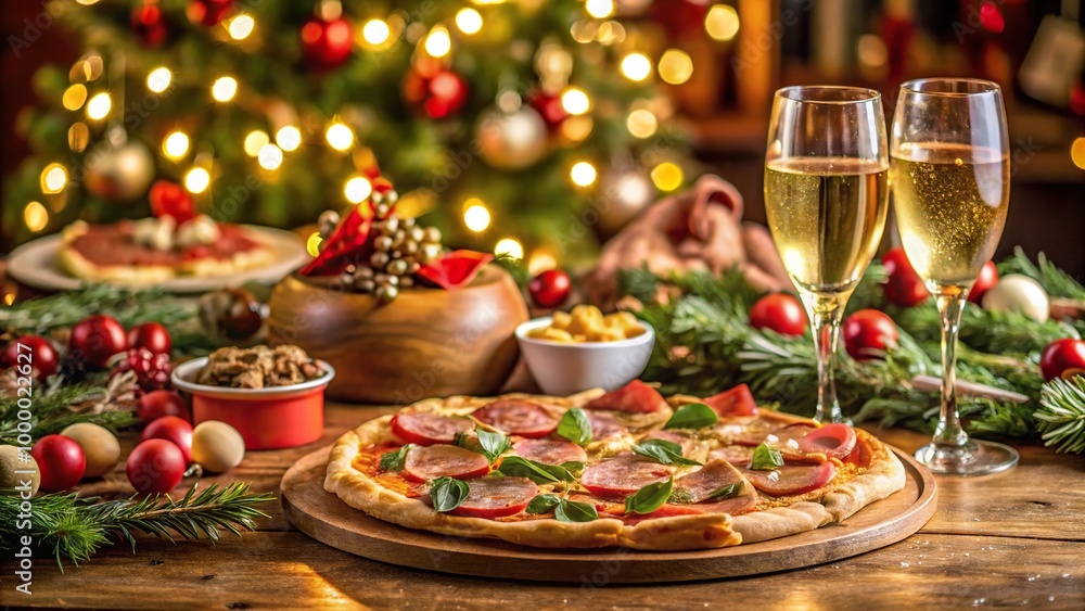 Italian Christmas table set with pizza, cheese, ham, and champagne Italian Christmas table set with pizza, cheese, ham, and champagne