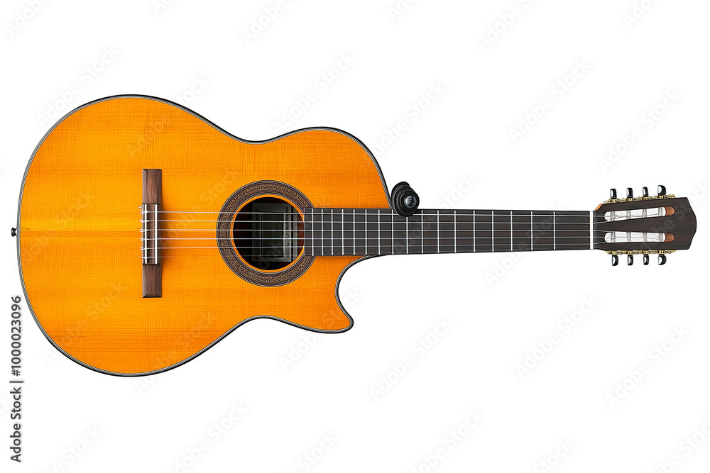 Fototapeta premium Classical guitar with a capo attached to the neck, isolated on a transparent background
