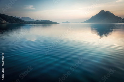 Calm morning serenity reflecting the mountains and sky over tranquil waters at dawn in a picturesque landscape. Generative AI