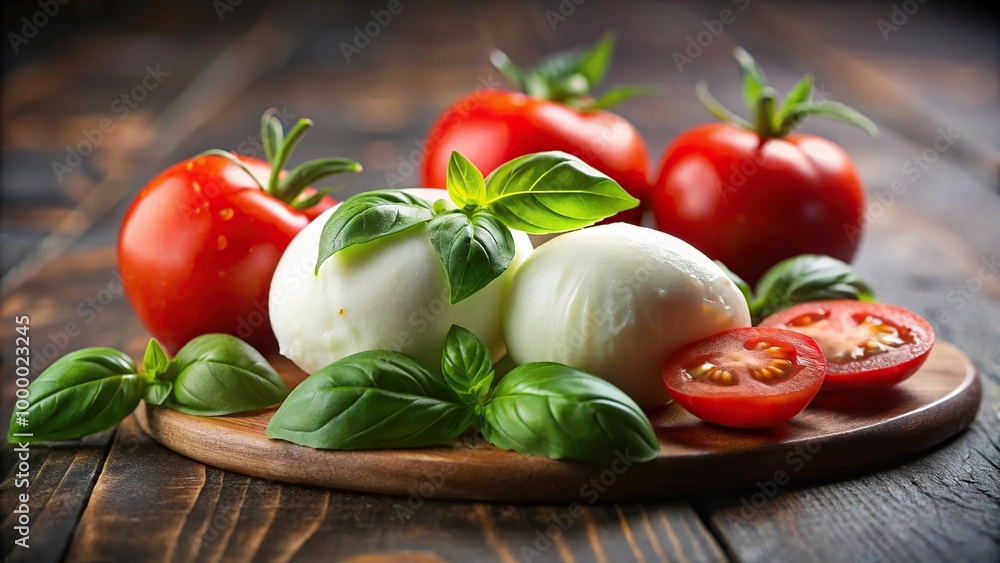 Italian mozzarella with tomato and basil on eye level Italian mozzarella with tomato and basil on eye level