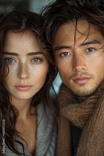 mixed marriage, couple, portrait of caucasian woman and asian man