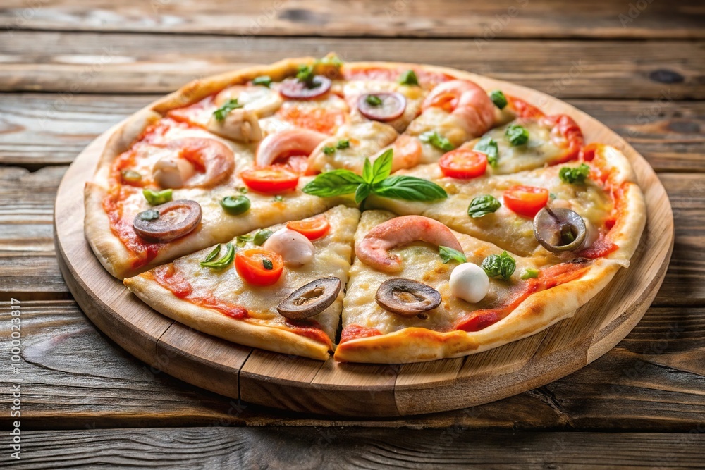 Italian seafood pizza served on a wooden platter Italian seafood pizza served on a wooden platter