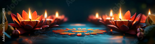 Floating Diyas and Rangoli Border Frame with Clear Copy Space for Festive Designs - Modern Meets Tradition in Photo Stock Concept photo