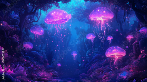 Abyssal zone filled with strange deep-sea creatures, glowing jellyfish and fish, dark mysterious setting