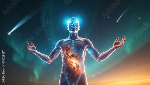 Des volutes de nébuleuses enveloppent son corps, fusionnant avec sa peau. Une énergie éclatante surgit de ses yeux lumineux et de ses mains tendues, devant l’immensité spatiale.