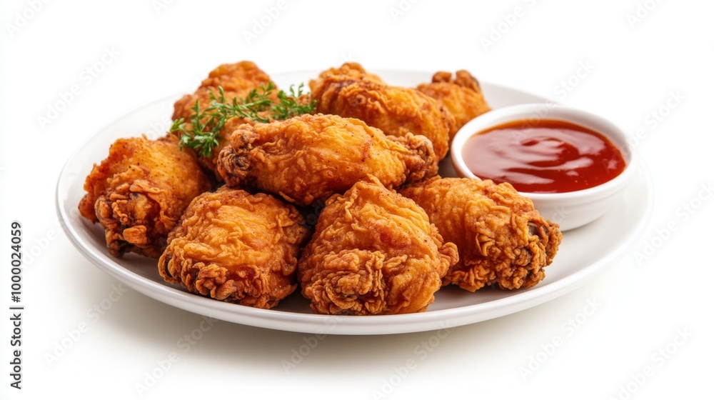 Closeup of crispy chicken nuggets on a white plate with ketchup dipping sauce. Closeup of crispy chicken nuggets on a white plate with ketchup dipping sauce.