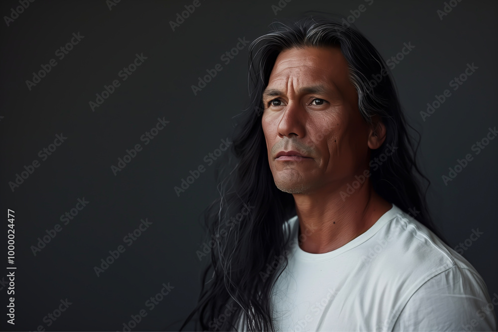 Fototapeta premium Close-up portrait of a handsome middle-aged native / indigenous / First Nations man with long black hair, and a white t-shirt - dark background, copy space, isolated
