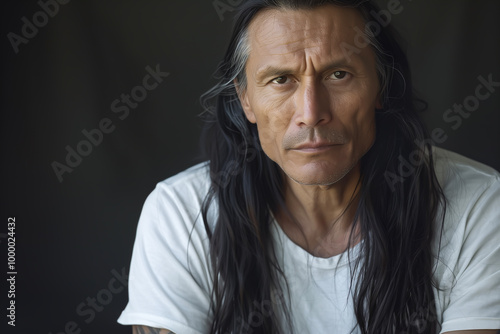 Close-up portrait of a handsome middle-aged native / indigenous / First Nations man with long black hair, and a white t-shirt  - dark background, copy space, isolated
