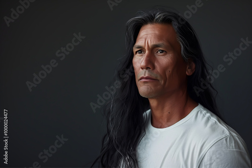 Close-up portrait of a handsome middle-aged native / indigenous / First Nations man with long black hair, and a white t-shirt  - dark background, copy space, isolated