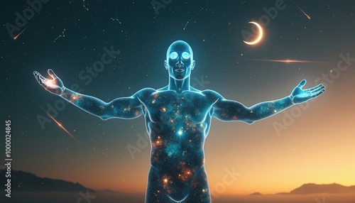 Des nébuleuses s'enroulent sur la peau de l'homme, vibrant de couleurs éclatantes. Une force puissante émane de ses yeux et de ses mains, illuminant l’espace sombre derrière lui.