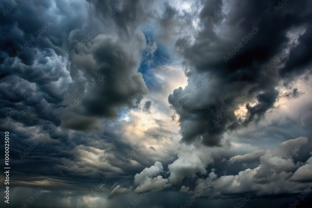 Obraz premium Dramatic storm clouds gather over the horizon, casting a moody atmosphere at dusk, hinting at an impending rainstorm. Generative AI